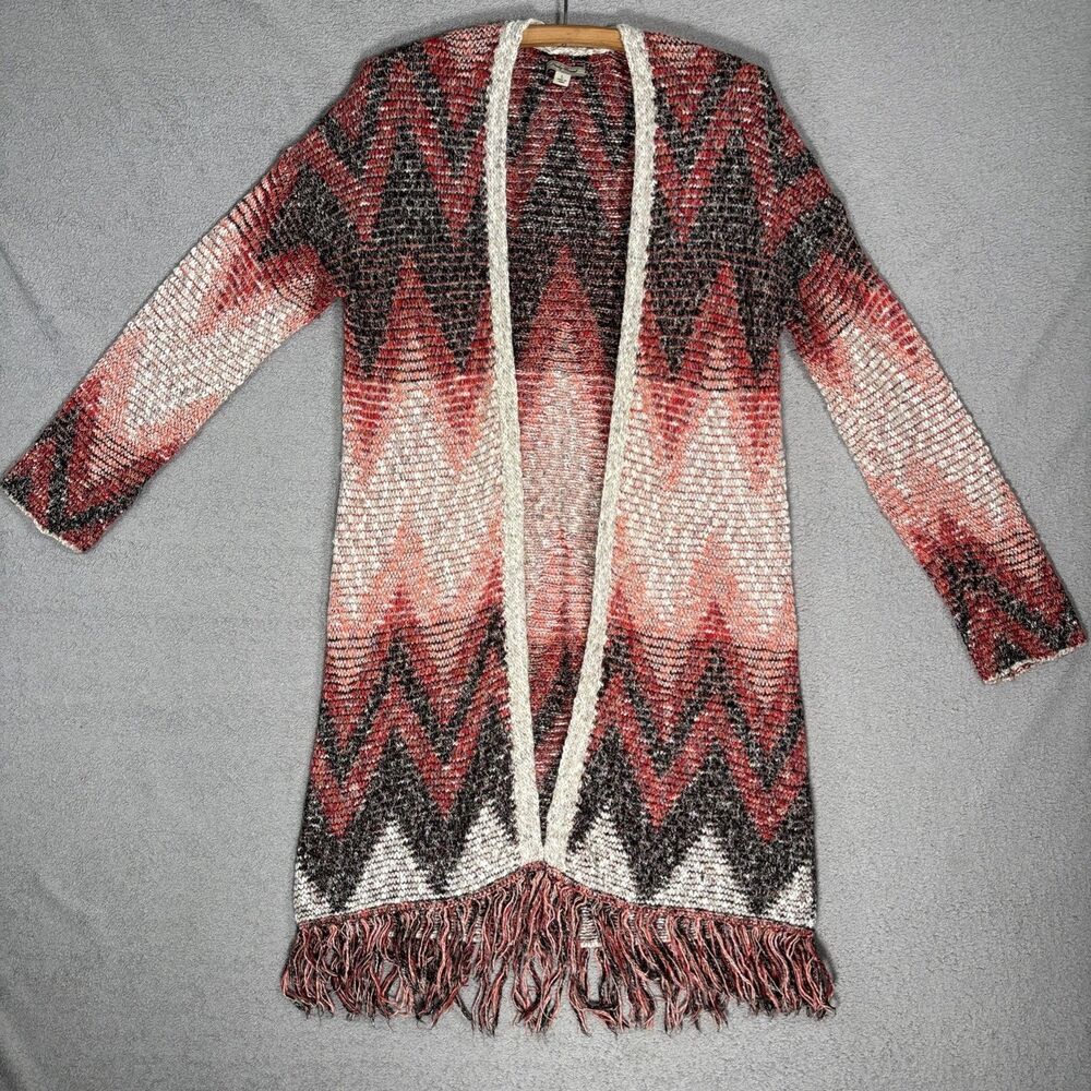 Women’s Open-Front Chevron Fringe Cardigan Sweater - Pink/Black/Cream